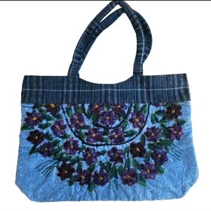 Beaded Embroidered Floral Tote Bag 19"w Zip Pockets Blue Purple Green